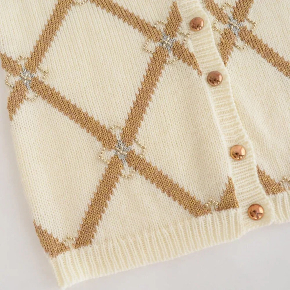 Vintage Joeclyn Smith Cream & Gold Button Up  Cardigan Knit Cardigan L - Picture 8 of 12